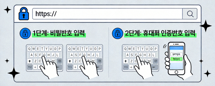 웹 브라우저 주소창의 자물쇠 아이콘과 2단계 인증 절차를 시각적으로 설명하는 다이어그램