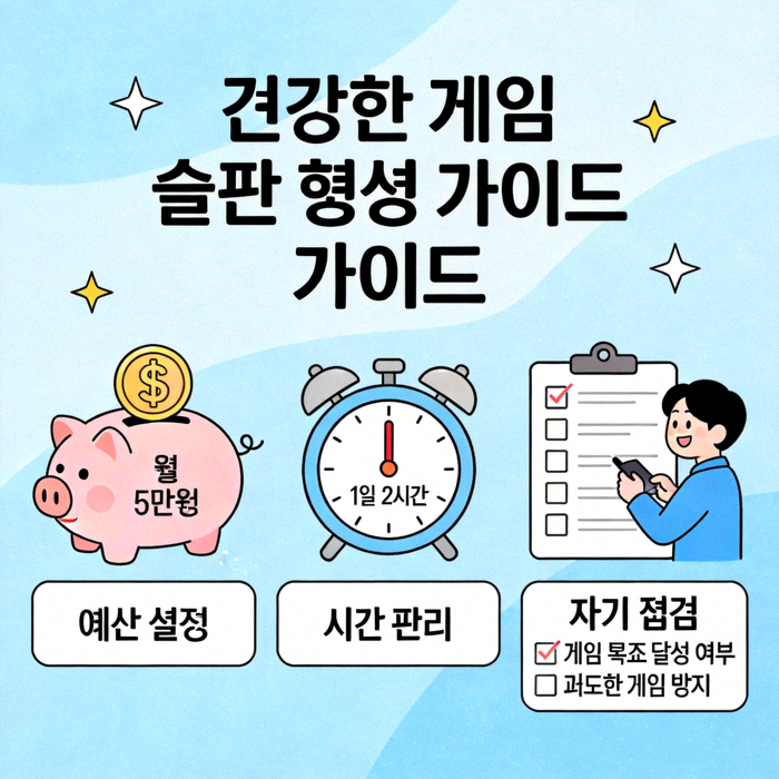 건강한 게임 습관을 형성하기 위해 예산과 시간을 설정하고 자기 점검을 하는 방법을 상징적으로 표현한 일러스트