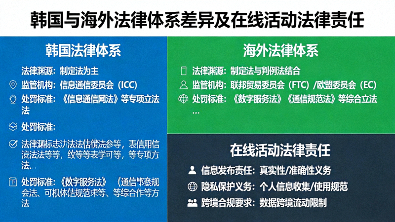 한국과 해외의 법률 체계 차이를 보여주고 온라인 활동의 법적 책임을 강조하는 인포그래픽