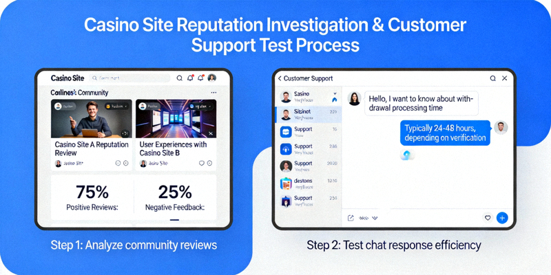 온라인 커뮤니티에서 카지노 사이트의 평판을 조사하고 고객 지원 채팅창을 테스트하는 과정을 보여주는 이미지
