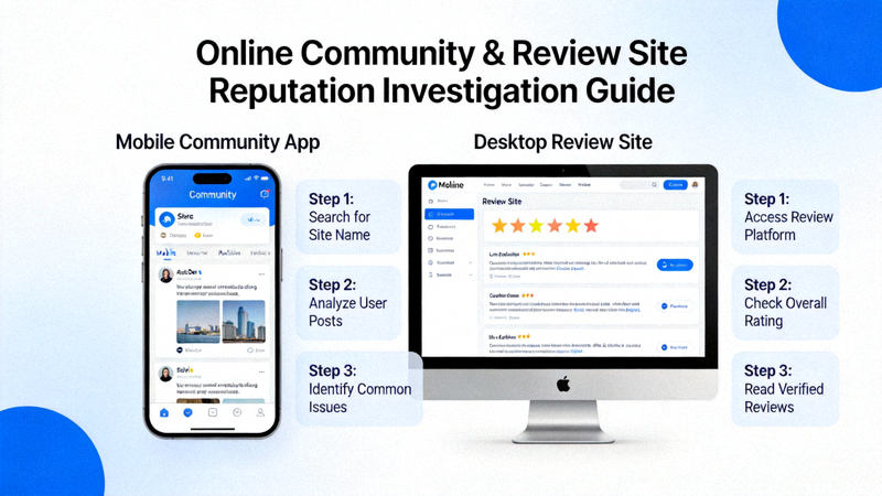 온라인 커뮤니티와 리뷰 사이트에서 사이트 평판을 종합적으로 조사하는 방법을 보여주는 모바일 및 데스크톱 화면 예시