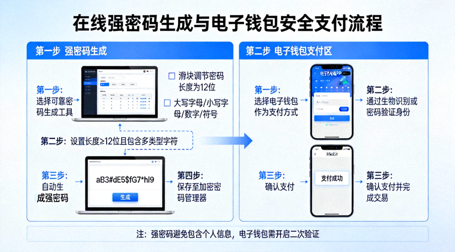 온라인에서 강력한 비밀번호를 생성하고 전자지갑을 통해 안전하게 결제하는 과정을 설명하는 다이어그램