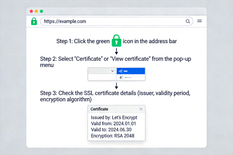 웹 브라우저 주소창의 자물쇠 아이콘과 SSL 인증서 정보를 확인하는 방법을 보여주는 스크린샷